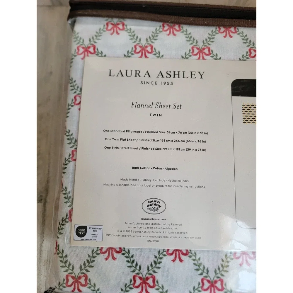 Laura‎ Ashley twin NEW bow trellis flannel bedsheet 3pc holiday Xmas home decor